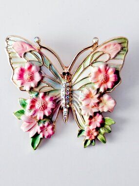 Vintage Style Pink Floral Enamel Butterfly Brooch